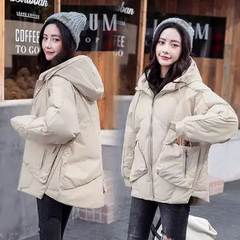 Geaca de femei 2020 iarna noi haine de bumbac KoreanSolid culoare maneca Lunga gros vrac jos căptușit cu gluga Casual captusit haina E8