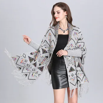 2019 În Afara Streetwear Geometrice Imprimate Mantia De Iarnă Tricotate Groase Ciucure Poncho Femei Mâneci Lungi Pashmina Cald Șal