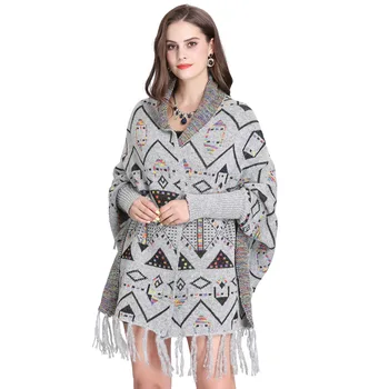 2019 În Afara Streetwear Geometrice Imprimate Mantia De Iarnă Tricotate Groase Ciucure Poncho Femei Mâneci Lungi Pashmina Cald Șal