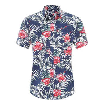 Jeetoo Mens Casual Floare Flamingo Imprimare Buton Jos Camasa Slim Maneci Scurte Hawaiian Aloha Tricou Bumbac Plaja Barbati Haine 2019