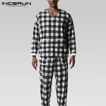 De agrement cu Dungi cu Maneca Lunga V Gât Topuri Pantaloni Elastic Toamna Homewear INCERUN Moda pentru Bărbați Seturi de Pijamale de sex Masculin Confortabil Sleepwear S-5XL