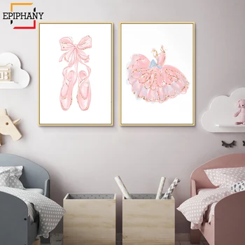 Prințesa lebădă Pepinieră Arta de Perete Fetita Roz de Balet, Papuci de casă Panza Pictura Acuarela Desene animate Postere Decor Camera pentru Fete
