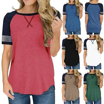 Femei Vara O-Gat Maneci Scurte Subțire tricouri drumul Doamnei de îmbinare stripe T Shirt de primăvară femei Plus Dimensiune Topuri model de Broderie