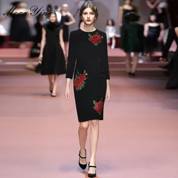MoaaYina Designer de Moda rochie de Primăvară Rochie de Femei a Crescut de Broderie Vintage Negru Pachet șold Rochii