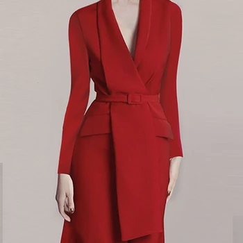 2020 Toamna de afaceri Elegant coreean OL Birou cu centură talie V-neck slim cu maneca Lunga rochie Roșie vestidos