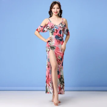 Cravată-vopsite Model Floral 2019 Femei Belly Dance Set Costum Bretele Rochie Laterală Fantă Fusta Bellydance Rochii