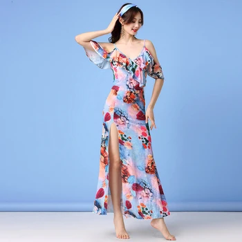 Cravată-vopsite Model Floral 2019 Femei Belly Dance Set Costum Bretele Rochie Laterală Fantă Fusta Bellydance Rochii