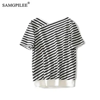 T-shirt pentru Femei Brand Topuri Casual Femei 2020 Postav Maneca Scurta Tricou Supradimensionat din Bumbac cu Dungi V-neck Femei de Moda T-shirt