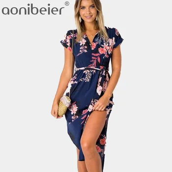 Aonibeier Plus Dimensiunii Vară Flori de Imprimare Tiv Curbat Femei Rochie Casual Suflecat Maneca cu Dungi Rochie Talie Mare cu Eșarfe