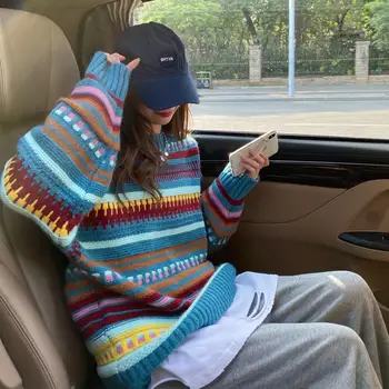 Epocă Pulover Tricotat Pentru Femei De Primavara Toamna Dulce Retro Multi-Color Stripe Pullover O-Gât Subțire Gol Coreean Croșetate Topuri