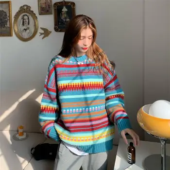 Epocă Pulover Tricotat Pentru Femei De Primavara Toamna Dulce Retro Multi-Color Stripe Pullover O-Gât Subțire Gol Coreean Croșetate Topuri