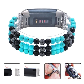 Lureen Turcoaz Watchband Pentru Fitbit Charge 3/4 Handmade Margele Negre Elastic Ceas Inteligent Curea Ceas Unisex Bratara Bratara