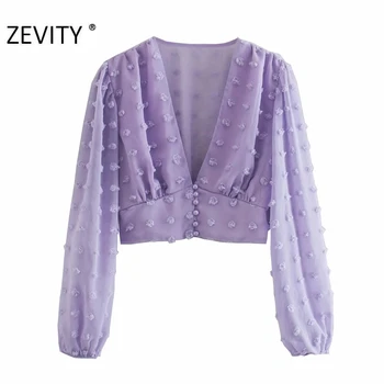 Zevity Noi femeile sexy gât adânc v ts împletit scurt șifon bluza lady chic felinar tricouri casual cu maneci femininas topuri LS7060