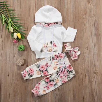 2019 New Sosire Fetita Baieti Set Haine Drăguț Nou-Născut Bebe Fete Florale Hanorace Cu Glugă Topuri Pantaloni Costume De Moda Set De Toamnă