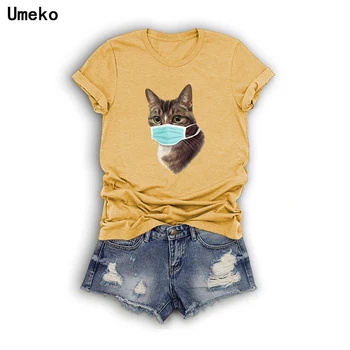 Umeko Mascat Pisica Drăguț de Imprimare de sex Feminin cu mânecă Scurtă Multi-culoare Gât Casual Confortabil Vara Noi Doamne Fierbinte Topuri Plus Dimensiune
