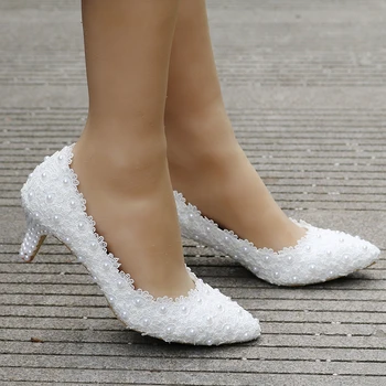 Primăvara Nou Cristal Pearl Alb Dantelă Pantofi de Nunta 5CM Tocuri Sexy Dulce Printesa pantofi de Partid