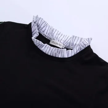 Plus dimensiune negru florale Brodate tricoul femme 2018 primavara toamna ciufulit guler mâneci Lungi hoodies femei pulovere topuri