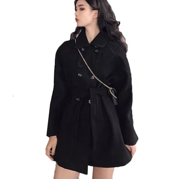 Palton Femei, negru de Lână Haina de Toamna Iarna Jacheta Mid-Long Double Breasted Centura Elegant Canadiană Îmbrăcăminte exterioară manteau femme