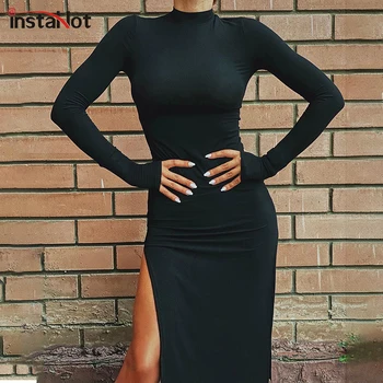 InstaHot Maneca Lunga de Toamna pentru Femei Rochie Split Sexy Petrecere Elegantă, Birou Doamnă Subțire Solid Black Red Genunchi Lungime Rochii 2020