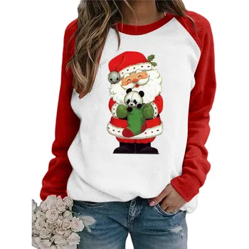 Femeile Crăciun Fericit Tricou Cerb de Imprimare Carouri Pulover de Sus mozaic Fata Maneca Lunga tricou femme Raglan Cămașă de Moda