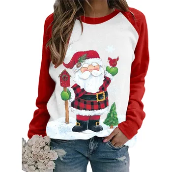 Femeile Crăciun Fericit Tricou Cerb de Imprimare Carouri Pulover de Sus mozaic Fata Maneca Lunga tricou femme Raglan Cămașă de Moda
