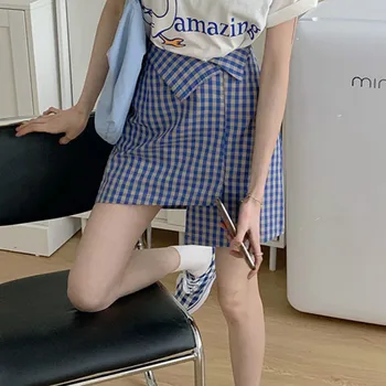 Fuste Femei Carouri Albastre Neregulate Fete Minunate Elevi Slim la Modă la Modă Drăguț Mini-linie Harajuku Femei Kawaii