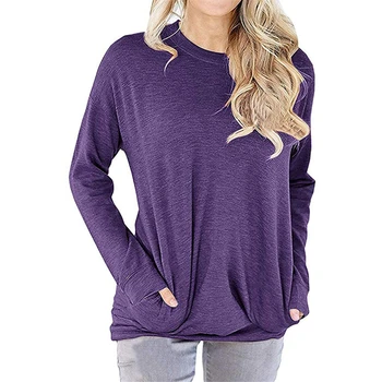 Hot style femei hoodie de moda de culoare simplu vrac gât rotund buzunar maneca lunga pentru femei in toamna/iarna 2020