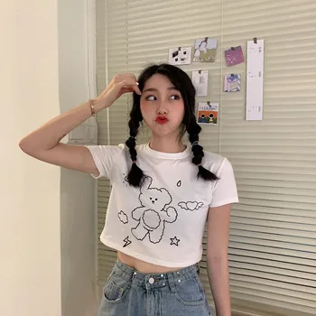 Tricou femei de Vara Strâns Stil coreean Urs de Imprimare T-Shirt Rotund Gât Jumătate cu mâneci Slim Expuse Buric Topuri Scurte