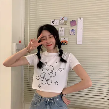 Tricou femei de Vara Strâns Stil coreean Urs de Imprimare T-Shirt Rotund Gât Jumătate cu mâneci Slim Expuse Buric Topuri Scurte