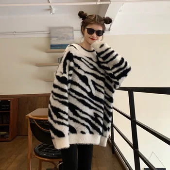 Harajuku Femei Zebra Stripe Pulovere Toamna Iarna Mohair Groase Tricotate Pulovere Largi Guler Rotund Fata Supradimensionat Pulovere Topuri