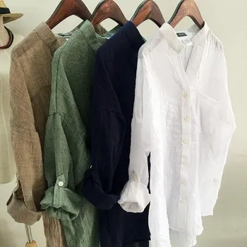 2019 și lenjerie de bumbac tricou femei soarele de vară subțire cămașă lenjerie retro literar 7 sleeve cardigan pentru femei guler cămașă albă