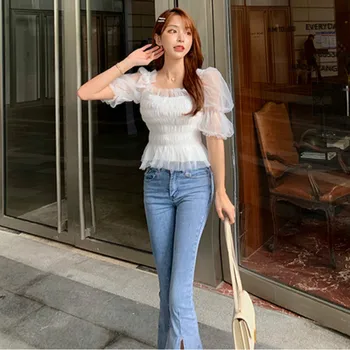 Curcubeu Bluza Femei Puff Maneca Pătrat Guler De Dantelă Sus Doamnă Birou De Vară Japonia Stil Kawaii Coreean Șifon Bluza Femei