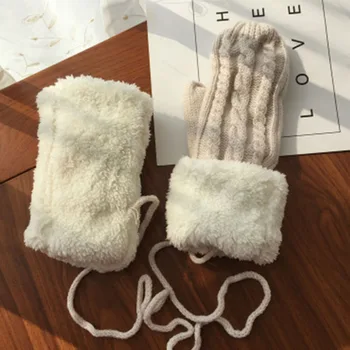 Cuplu bărbat / femeie mănuși tricotate de iarna drăguț agățat de gât culoare solidă simplu plus de catifea groasă cald poftă de mâncare mănuși D100