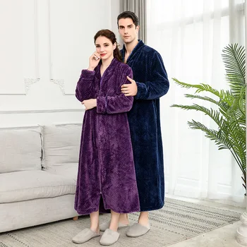 Noi fermoar catifea halat de baie Toamna&iarna plus crește cămașă de noapte bărbați femei îngroșarea pijamale flanel serviciu acasă