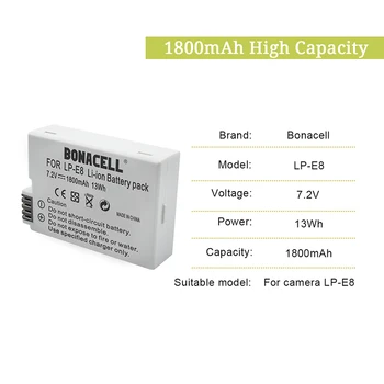 Bonacell 7.2 V 1800mAh LP-E8 LP E8 Acumulator + Incarcator pentru Canon T3i Rebel T2i T4i T5i Kiss X4 X5 EOS 550D 600D 650D 700D