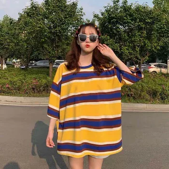 Tricouri Femei 2020 Liber Retro Nou Stil coreean Femei cu Dungi O-Gat Maneci Scurte de sex Feminin de zi cu Zi de Vară la Modă Diverse Culori