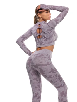 Femei 2/3pcs fără Sudură Yoga Set Costum Sport Gymwear Antrenament Haine cu Maneca Lunga Sport Crop Top de Înaltă Talie Jambiere de Fitness Purta
