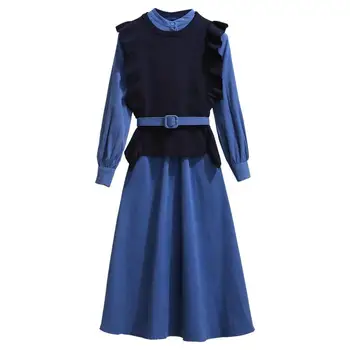 ICHOIX vesta Tricotate femei 2 bucata set stil coreean rochie lungă, doamne de birou elegant rochie de iarna 2 bucată de costume albastru 2 buc rochie