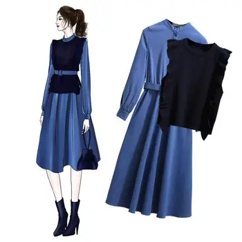ICHOIX vesta Tricotate femei 2 bucata set stil coreean rochie lungă, doamne de birou elegant rochie de iarna 2 bucată de costume albastru 2 buc rochie