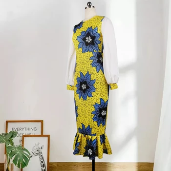 Femei Rochie Imprimată O Mozaic Gât Mâneci Lungi Midi Flori Bodycon Din Africa De Moda De Mari Dimensiuni Doamnelor Pachet Șold Feminin Robe