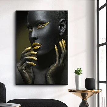 Africa Neagră Femeie de Aur Buzele cu Degetul Ochii Nud Pictura Ulei pe Panza, Postere si Printuri Cuadros de Arta de Perete de Imagine pentru Camera de zi