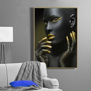 Africa Neagră Femeie de Aur Buzele cu Degetul Ochii Nud Pictura Ulei pe Panza, Postere si Printuri Cuadros de Arta de Perete de Imagine pentru Camera de zi
