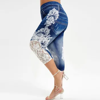 Femei Dantelă Plus Dimensiune Jambiere Capri Panou Imprimate Jambiere Push Up 3d Elastic Talie Mare Skinny Pantaloni Fitness de Dimensiuni Mari #T2G