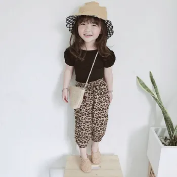 Fetelor Costum Halter cu Mânecă Scurtă T-Shirt + Leopard-Print Pantaloni Trunchiate 2021 Vara Noi de Îmbrăcăminte pentru Copii