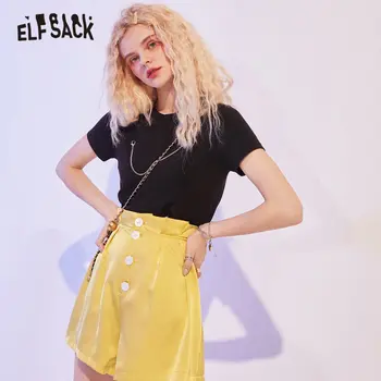 ELFSACK Galben Solidă Talie Mare Smart Casual pentru Femei pantaloni Scurți din Satin de Vară 2020 ELF Pur Chic Butonul coreean Doamnelor de zi cu Zi Fund