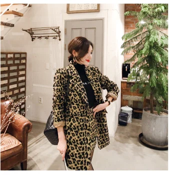 ZAWFL 2020 toamnă iarnă stil occidental vrac leopard de imprimare de lână sacou costum de moda high-end scurt fusta două bucata costum