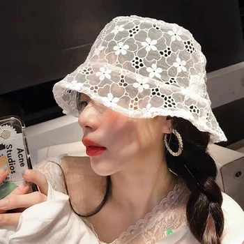 2020 Noua Moda coreeană Dantelă Neagră Găleată Pălărie de Vară, Pălării de Soare Pentru Femei Hollow out Floare Pescari Palarie Casual Doamna Găleată cu Capac