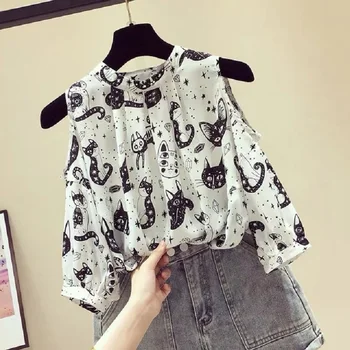 De Brand Nou pentru Femei Bluze de Vară Șifon Tricou Casual cu Maneci Scurte Print Dulce Shirt Doamnelor coreeană Topuri Blusas Mujer Top Negru