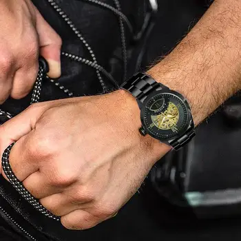 CÂȘTIGĂTORUL Oficial Brand de Lux Ceas Automatic Negru Curea din Otel Inoxidabil de Aur Skeleton Ceasuri pentru Bărbați Mechanical Ceas de mână