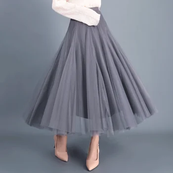 U-JUR Toamna Tul Fusta Gri maro Maro-Bej Roz-Negru Fuste Lungi pentru Femei Elegante Fusta Maxi Faldas Mujer Moda 2020